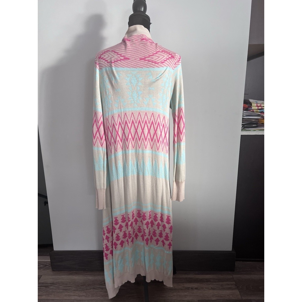 Myan Womens L Long Boho Open Front Cardigan Duster Sweater Pastel Tribal Aztec - Picture 2 of 9